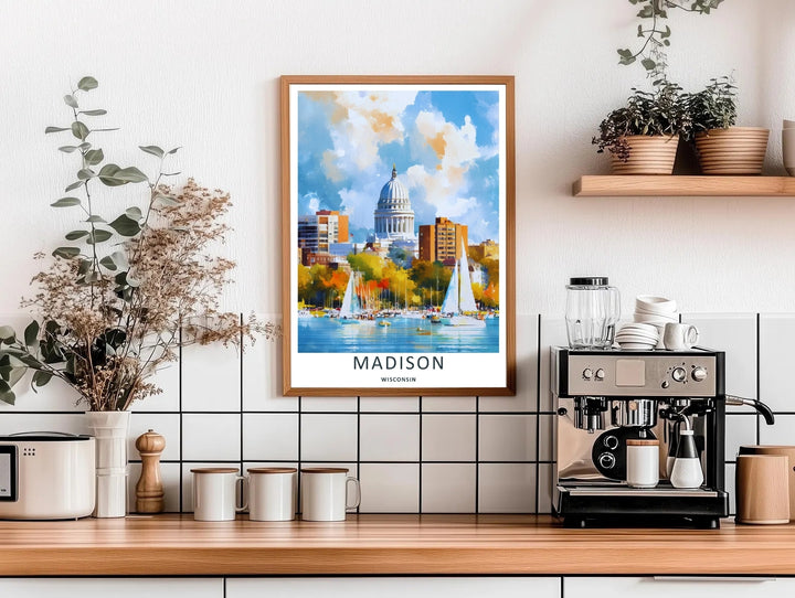 High-contrast watercolor artwork of a historic capital skyline overlooking sailboats on a calm lake in Madison Wisconsin, custom made as a canvas print, standalone print, or a retro white framed poster.