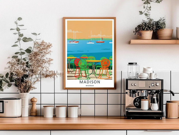 High-contrast vector artwork of iconic sunburst chairs overlooking sailboats in Madison Wisconsin, custom made as a canvas print, a standalone unframed print, or a retro white framed poster layout.