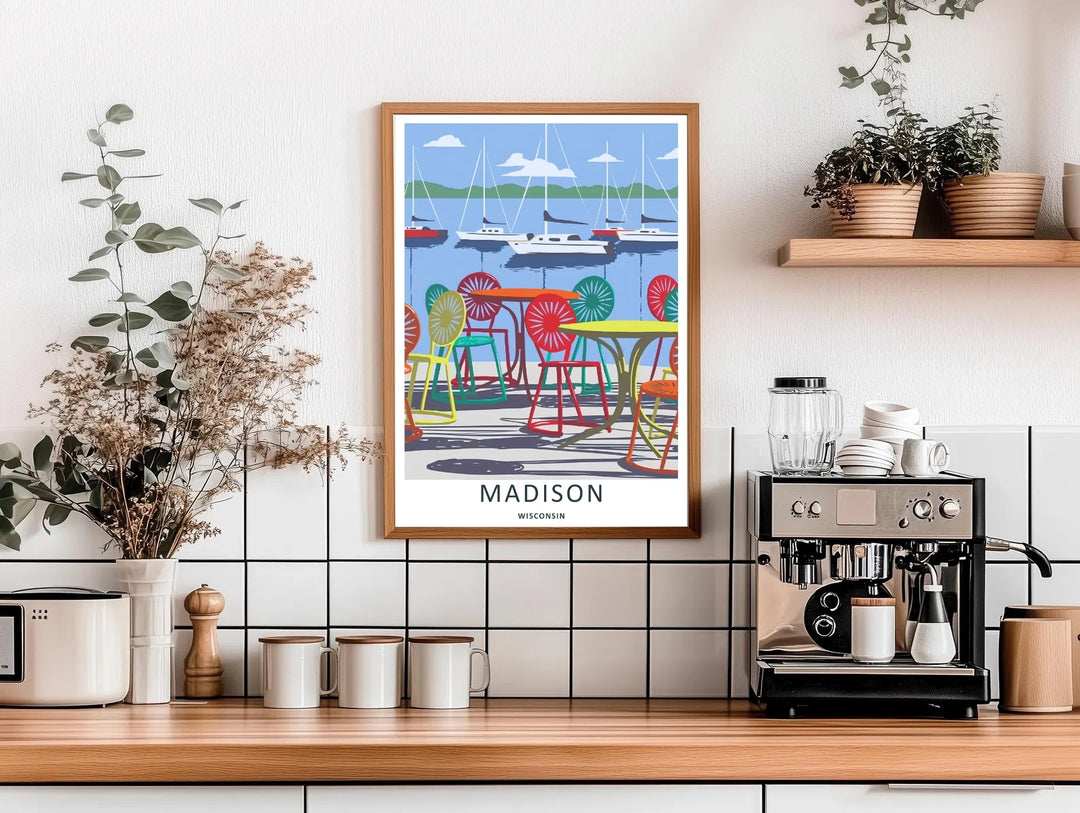 High-contrast vector artwork of iconic sunburst chairs overlooking sailboats in Madison Wisconsin, custom made as a canvas print, a standalone unframed print, or a retro white framed poster layout.