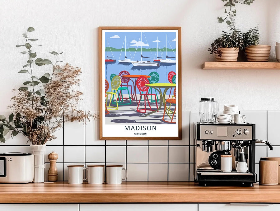 High-contrast vector artwork of iconic sunburst chairs overlooking sailboats in Madison Wisconsin, custom made as a canvas print, a standalone unframed print, or a retro white framed poster layout.