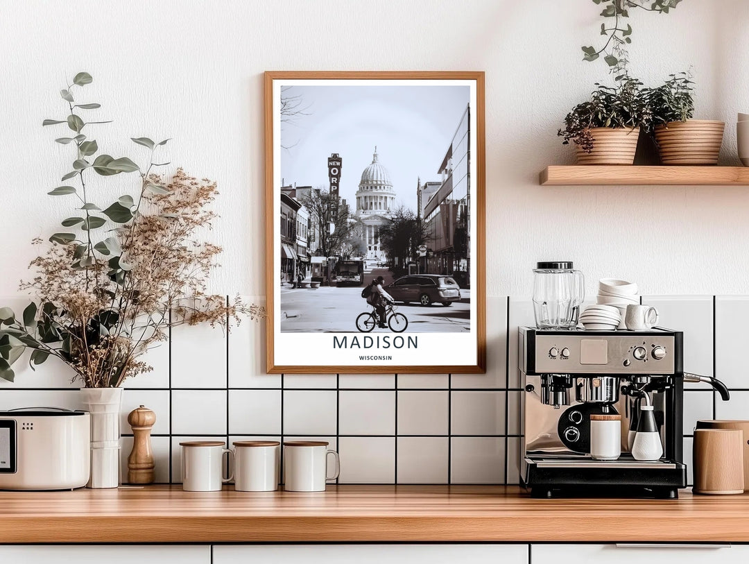 High-contrast fine art photography of a person riding a bicycle down State Street in Madison Wisconsin, custom made as a canvas print, a standalone unframed print, or a retro white framed poster layout.