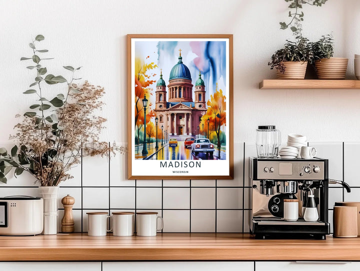 High-contrast watercolor artwork of towering golden autumn trees framing the dome of Madison Wisconsin, custom made as a canvas print, a standalone unframed print, or a retro white framed poster layout.