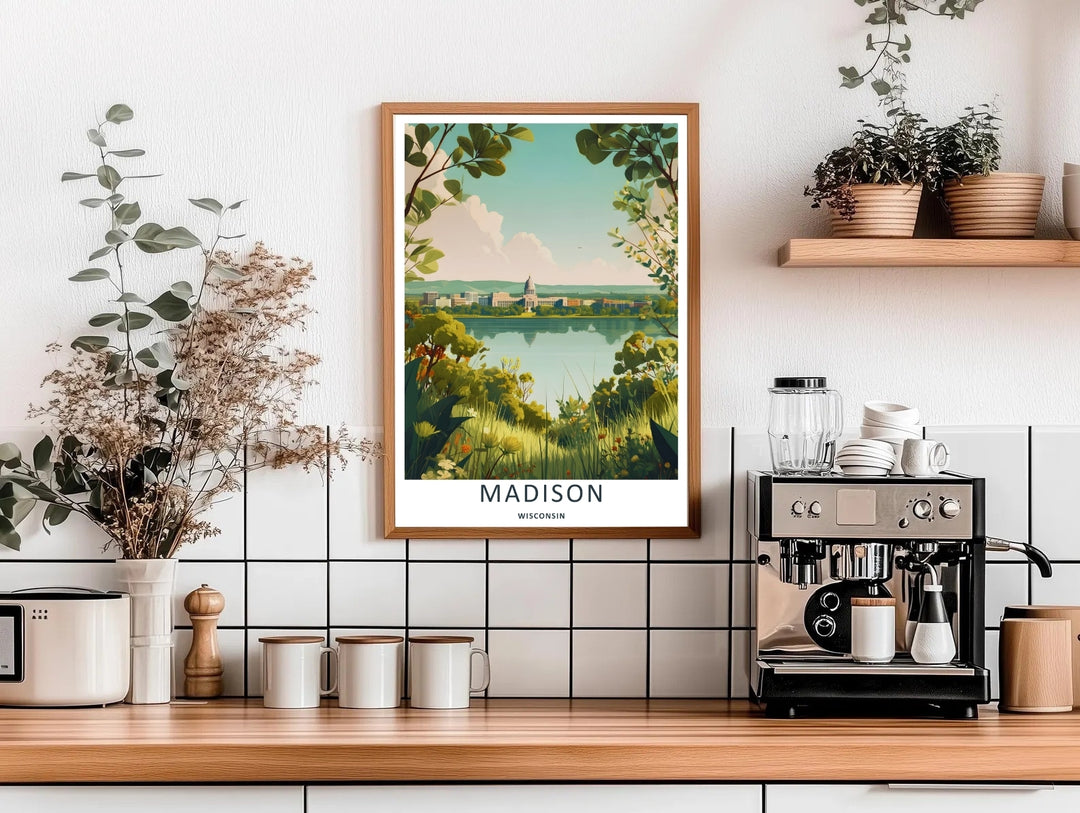 High-contrast vector artwork of the metropolitan skyline overlooking a calm lake in Madison Wisconsin, custom made as a canvas print, a standalone unframed print, or a retro white framed poster layout.