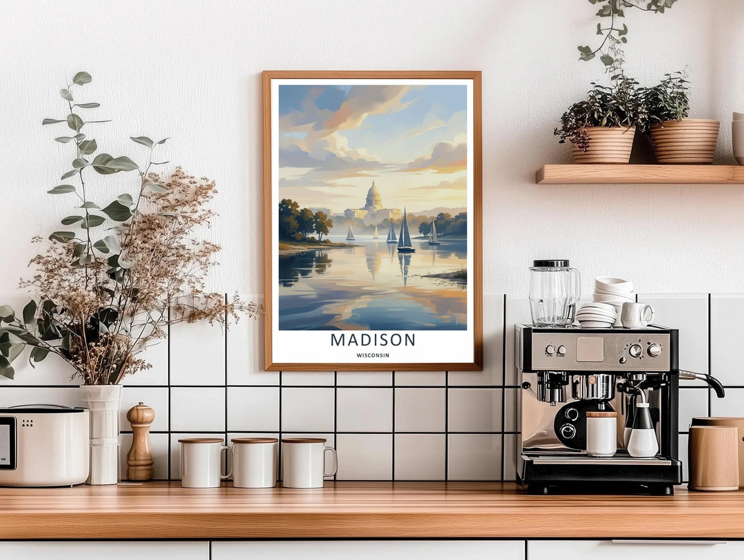 A stunning city theme print showcasing expressive brushstrokes and a misty shoreline framing the Madison Wisconsin Capitol building, available in flexible unframed, canvas, or custom framed layouts.