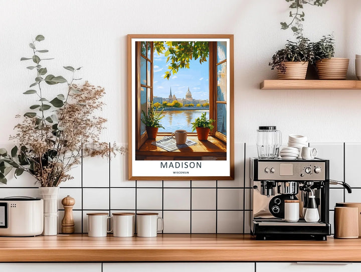 High-contrast vector artwork of a historic capital skyline overlooking a blue lake from a cozy interior room in Madison Wisconsin, custom made as a canvas print or a retro white framed poster layout.