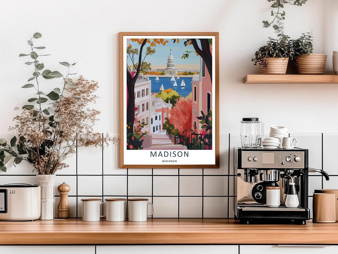 High-contrast vector artwork of a historic sloping street overlooking sailboats on a blue lake in Madison Wisconsin, custom made as a canvas print or a retro white framed poster layout.