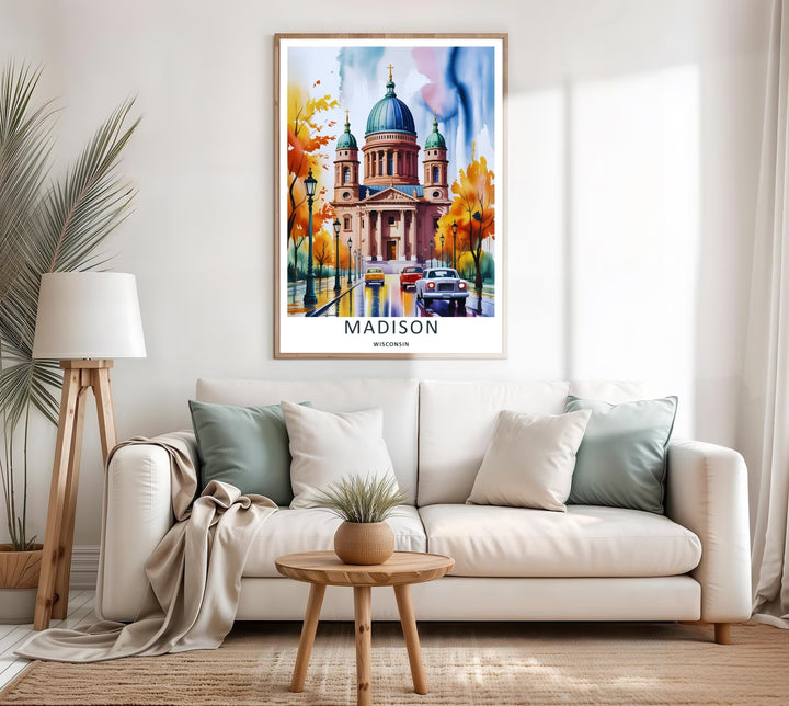 A colorful nature and artistic fluid design of the historic university town and capital building of Madison Wisconsin, available in a variety of presentation formats including canvas and bronze frames.