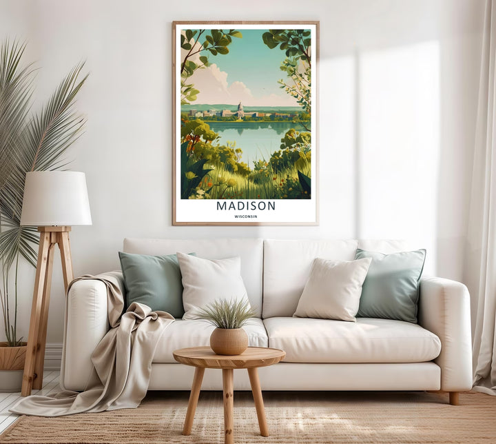 A colorful nature and geometric design of the historic lakefront city skyline of Madison Wisconsin, available in a variety of presentation formats including canvas wall art and elegant bronze frames.