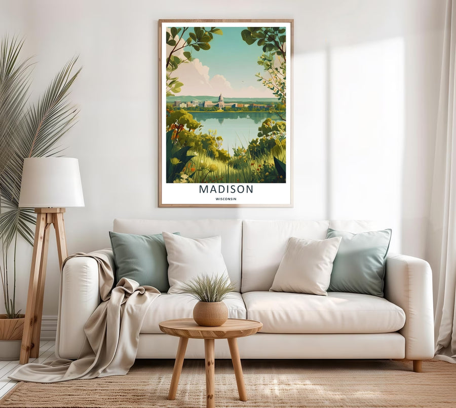 A colorful nature and geometric design of the historic lakefront city skyline of Madison Wisconsin, available in a variety of presentation formats including canvas wall art and elegant bronze frames.