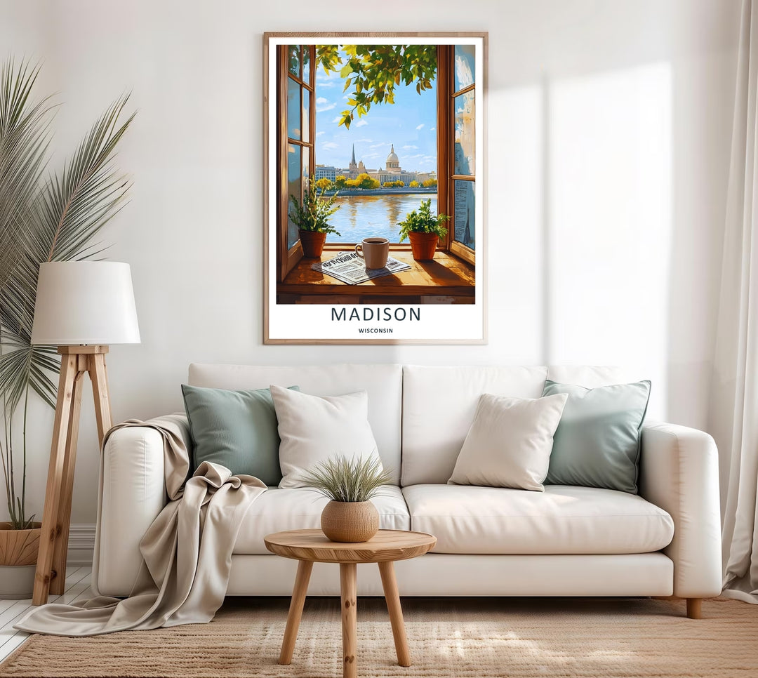 A colorful nature and geometric design of the historic lakefront city streetscape and window frame in Madison Wisconsin, available in a variety of presentation formats including canvas and bronze frames.