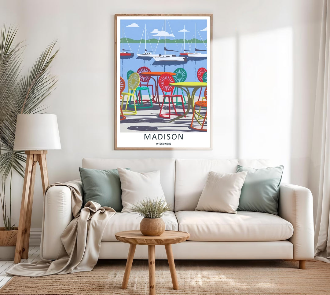 A colorful nature and geometric design of the historic university lakefront terrace in Madison Wisconsin, available in a variety of presentation formats including canvas and bronze frames.