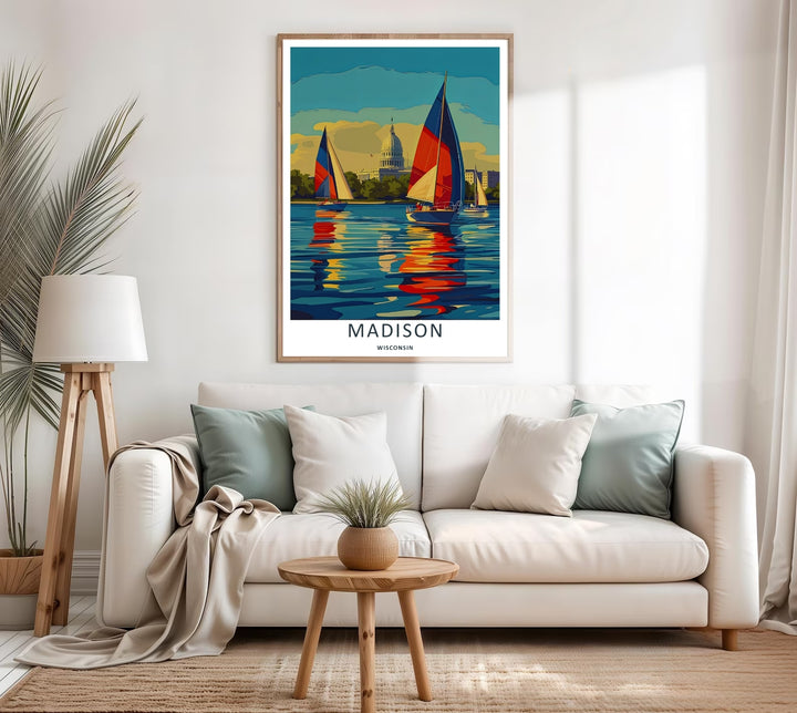 A colorful nature and geometric block design of the historic university town and capital city of Madison Wisconsin, available in a variety of formats including canvas wall art and bronze frames.