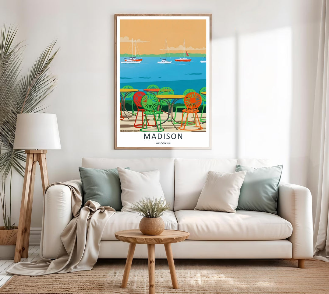A colorful nature and geometric design of the historic university lakefront terrace in Madison Wisconsin, available in a variety of presentation formats including canvas and bronze frames.
