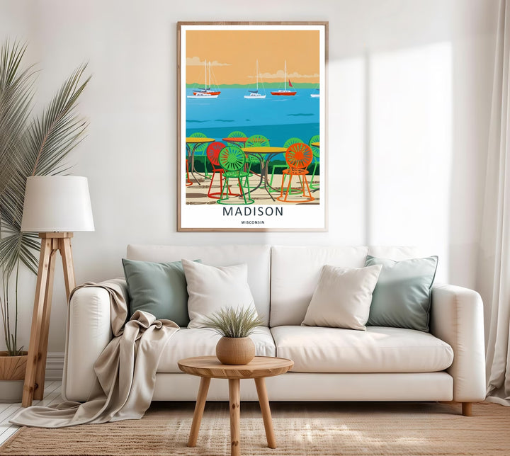 A colorful nature and geometric design of the historic university lakefront terrace in Madison Wisconsin, available in a variety of presentation formats including canvas and bronze frames.