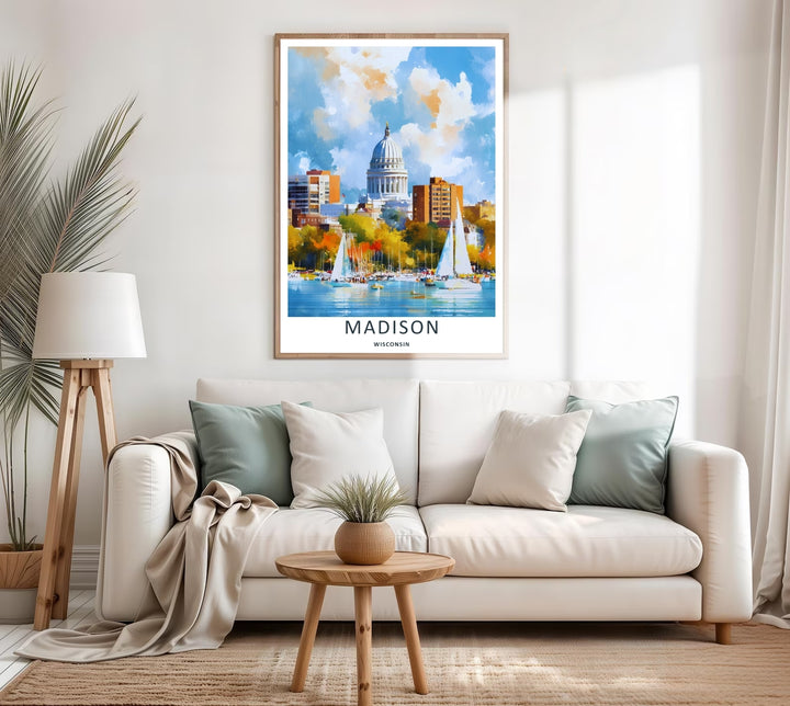 A colorful nature and geometric design of the historic lakefront city streetscape in Madison Wisconsin, available in a variety of presentation formats including canvas and elegant bronze frames.
