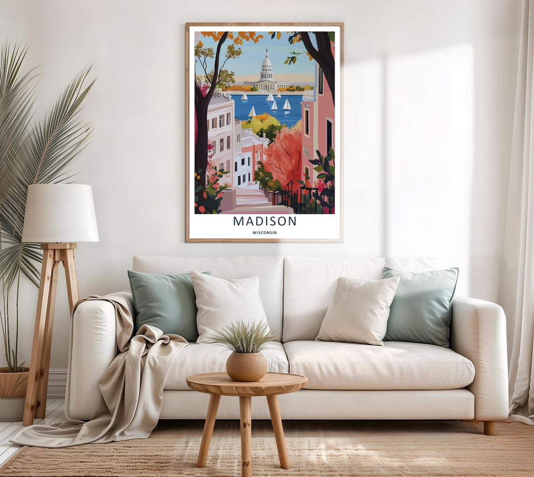 A colorful nature and geometric design of the historic lakefront city streetscape in Madison Wisconsin, available in a variety of presentation formats including canvas and bronze frames.
