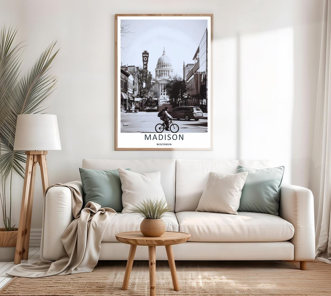 A timeless monochrome and documentary style design of the historic university city center of Madison Wisconsin, available in a variety of presentation formats including canvas and bronze frames.