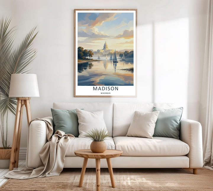 Colorful retro travel print of the world-famous waterfront skyline and historic core of Madison Wisconsin, crafted as a premium canvas wall print, an unframed poster, or a luxury gold framed gallery piece.