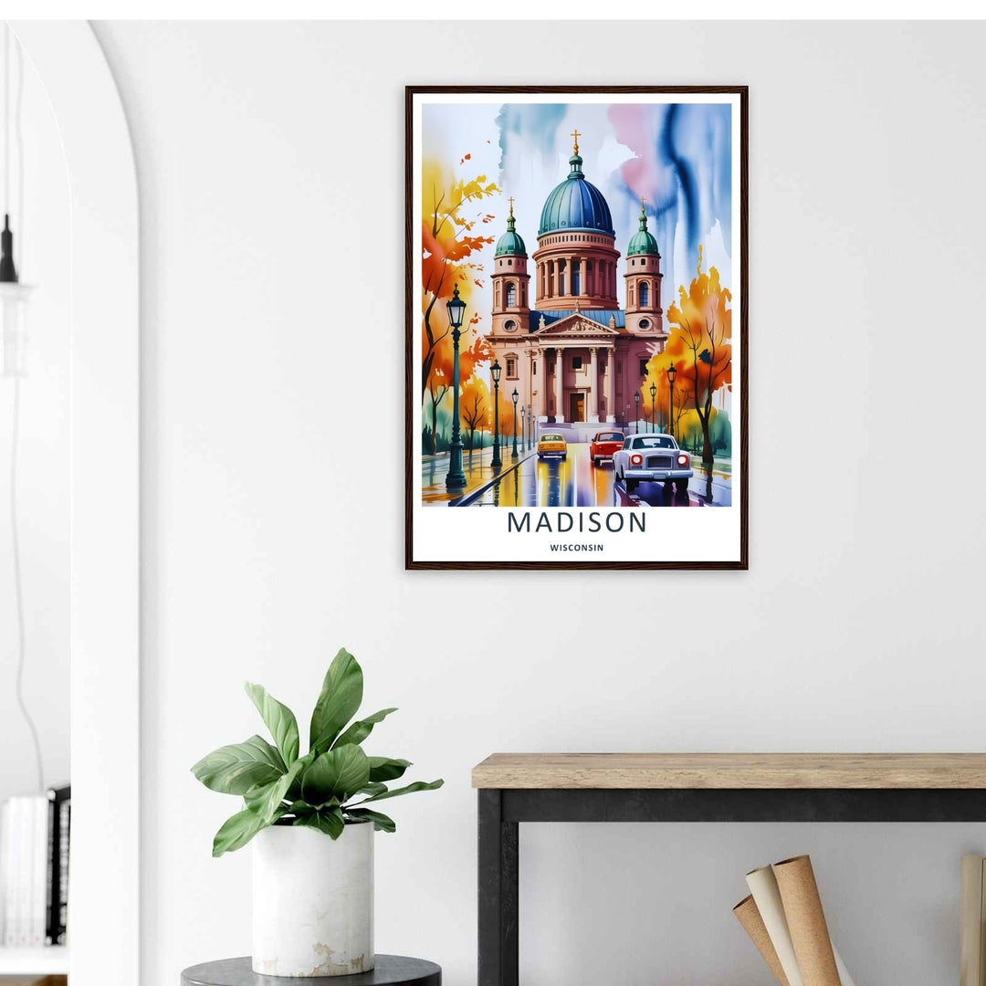 A stylized landscape print displaying a vintage watercolor style Madison Wisconsin street viewpoint in autumn, with options to purchase as an unframed print, a stretched canvas, or a luxury silver frame.