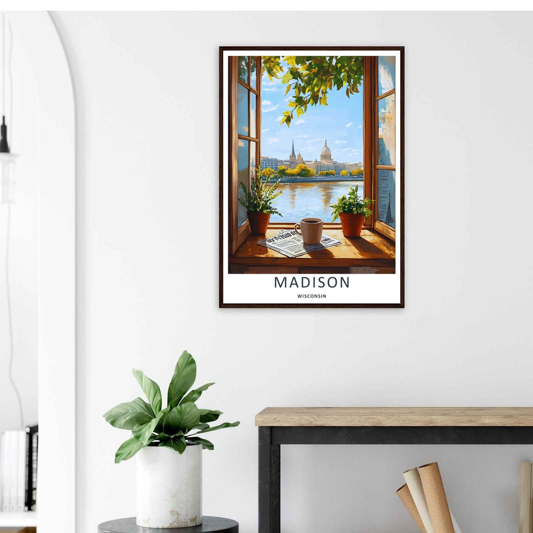 A stylized landscape print displaying a vintage vector style Madison Wisconsin apartment window view looking toward the water, with options to purchase as a poster or a luxury silver frame.