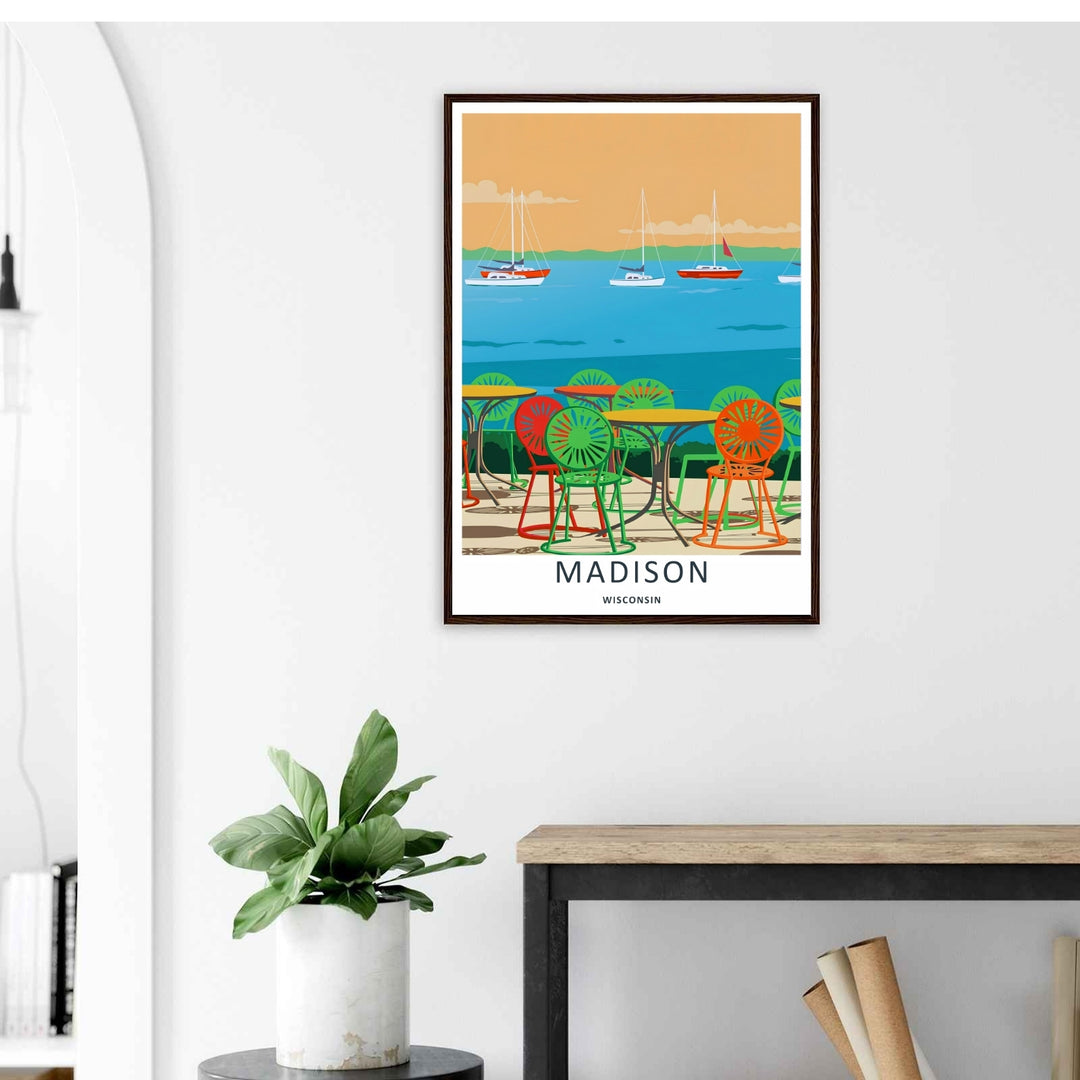 A stylized landscape print displaying a vintage vector style Madison Wisconsin patio viewpoint on Lake Mendota, with options to purchase as an unframed print, a stretched canvas, or a luxury silver frame.