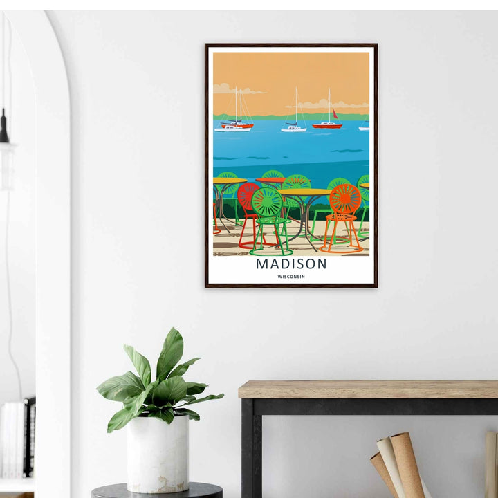 A stylized landscape print displaying a vintage vector style Madison Wisconsin patio viewpoint on Lake Mendota, with options to purchase as an unframed print, a stretched canvas, or a luxury silver frame.