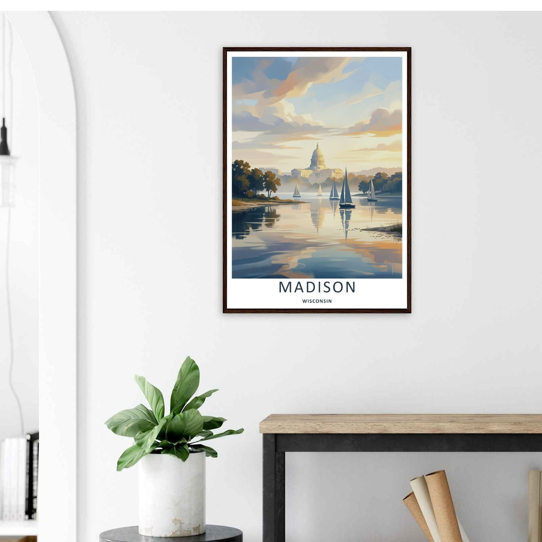 Modern wall art featuring a retro mid-century style layout of the coastal metropolitan district in Madison Wisconsin, which can be ordered as a stretched canvas format, a standalone poster, or a pure gold frame.