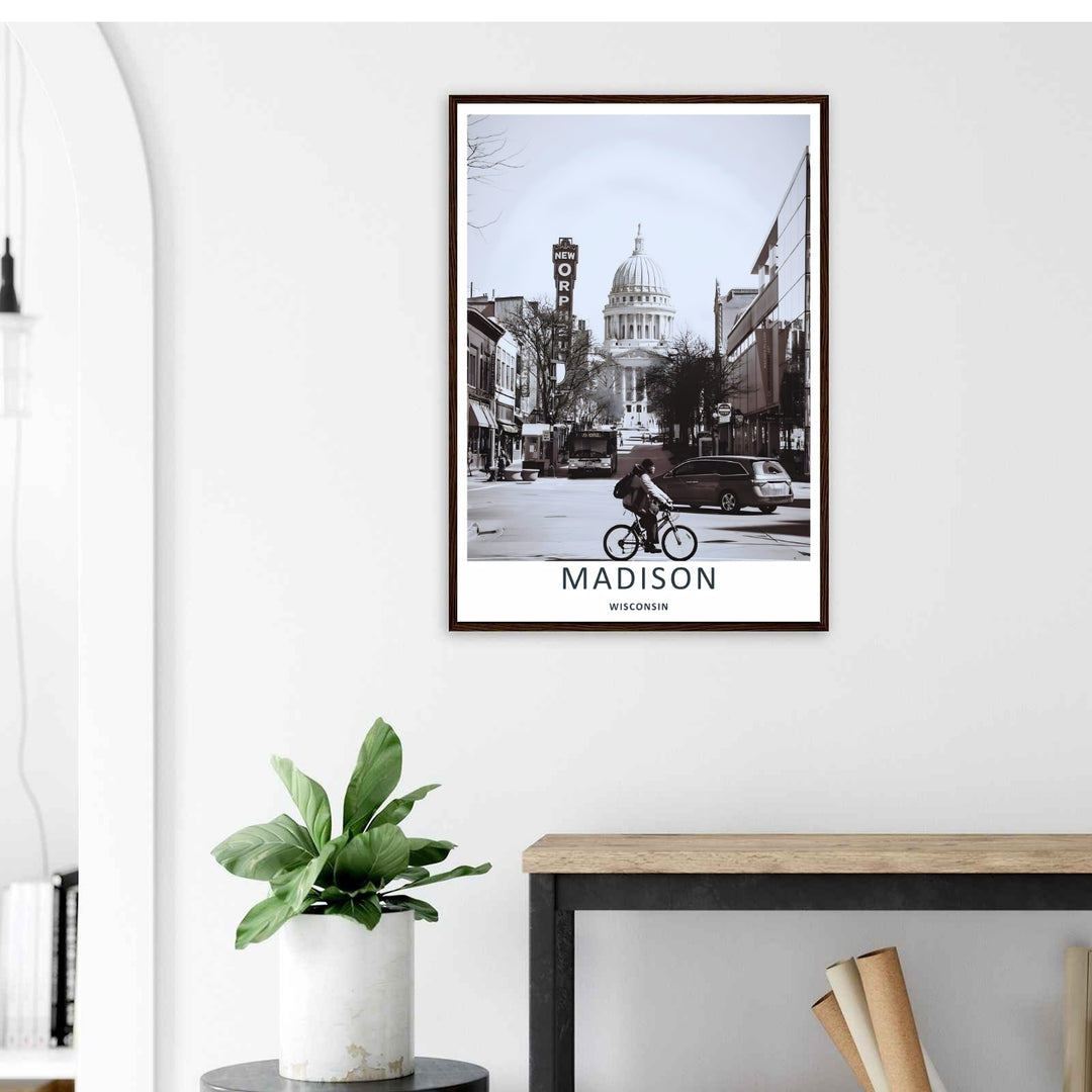 A stylized lifestyle print displaying a vintage black and white Madison Wisconsin street viewpoint with a city bus, with options to purchase as an unframed print, a stretched canvas, or a luxury silver frame.