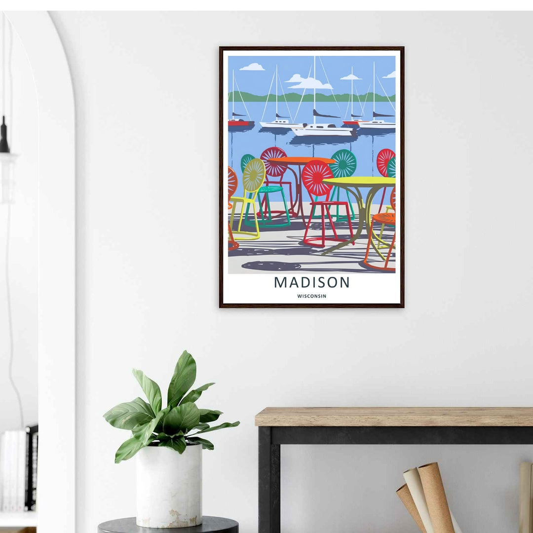 A stylized landscape print displaying a vintage vector style Madison Wisconsin patio viewpoint on Lake Mendota, with options to purchase as an unframed print, a stretched canvas, or a luxury silver frame.