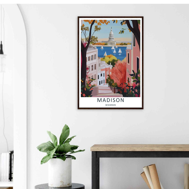 A stylized landscape print displaying a vintage vector style Madison Wisconsin neighborhood viewpoint looking toward the water, with options to purchase as a poster or a luxury silver frame.