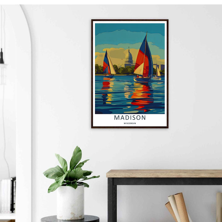 A stylized landscape print displaying a vintage graphic style Madison Wisconsin waterfront viewpoint, with options to purchase as an unframed print, a high-quality stretched canvas, or a silver frame.