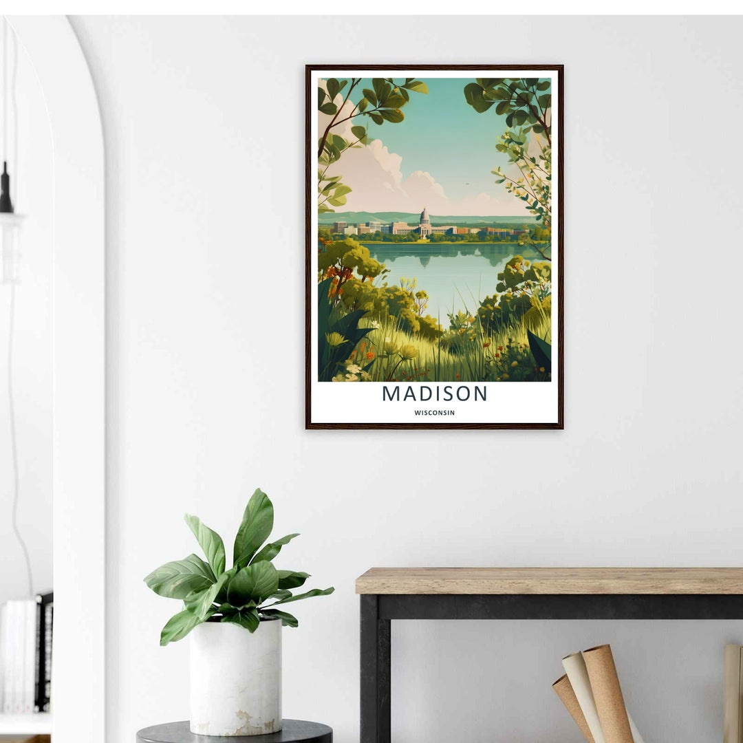 A stylized landscape print displaying a vintage vector style Madison Wisconsin panorama viewpoint across the water, with options to purchase as an unframed print, a stretched canvas, or a luxury silver frame.