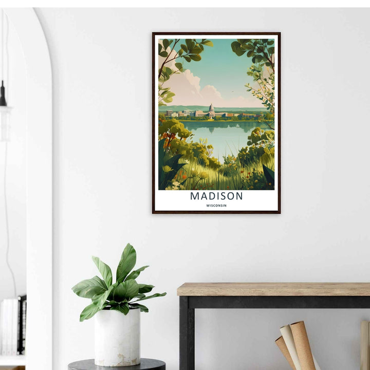 A stylized landscape print displaying a vintage vector style Madison Wisconsin panorama viewpoint across the water, with options to purchase as an unframed print, a stretched canvas, or a luxury silver frame.