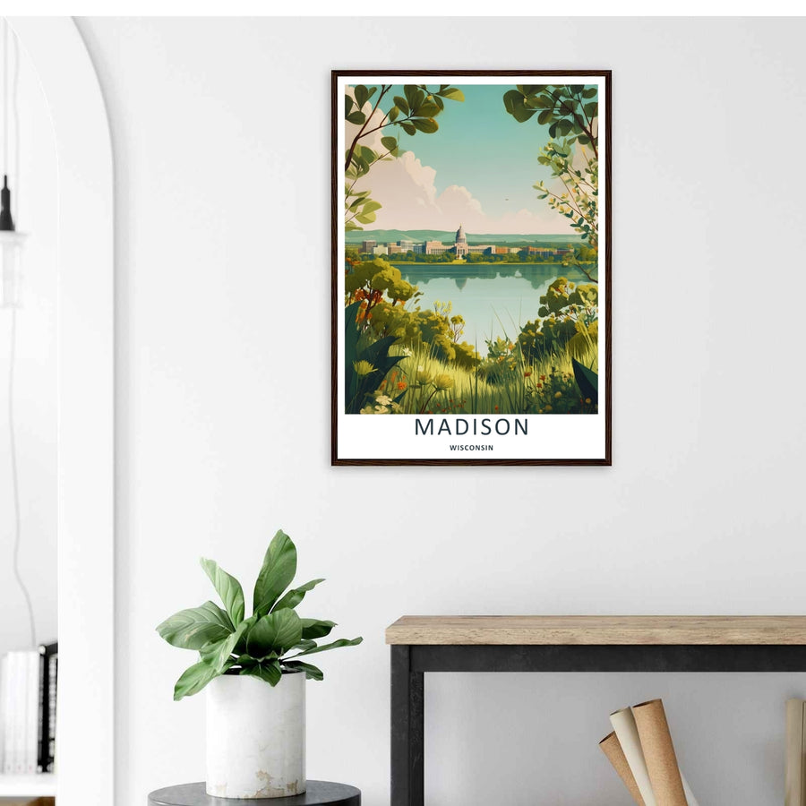 A stylized landscape print displaying a vintage vector style Madison Wisconsin panorama viewpoint across the water, with options to purchase as an unframed print, a stretched canvas, or a luxury silver frame.