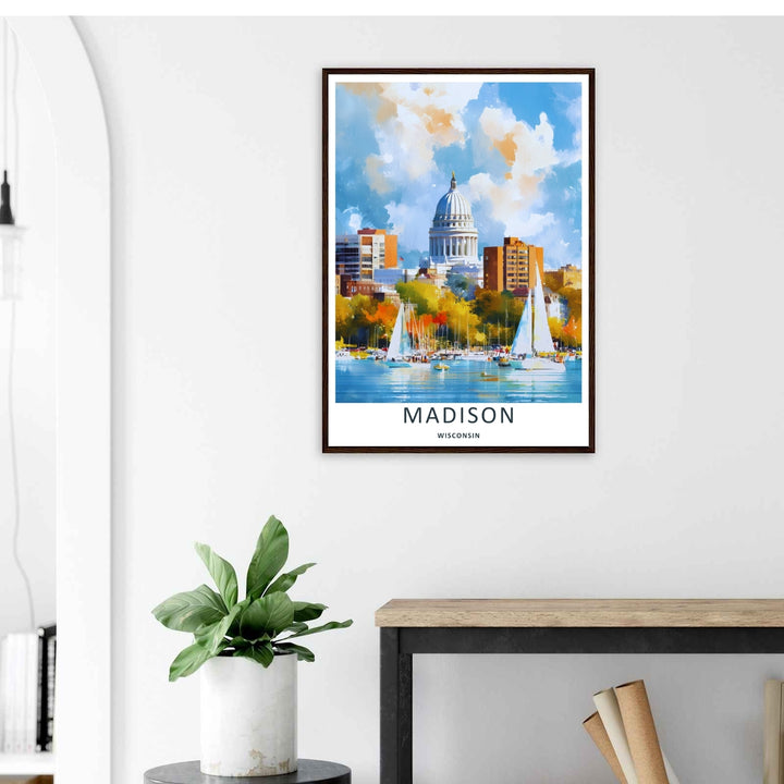 A stylized landscape print displaying a vintage watercolor Madison Wisconsin panorama looking toward the water, with options to purchase as an unframed print, a stretched canvas, or a luxury silver frame.