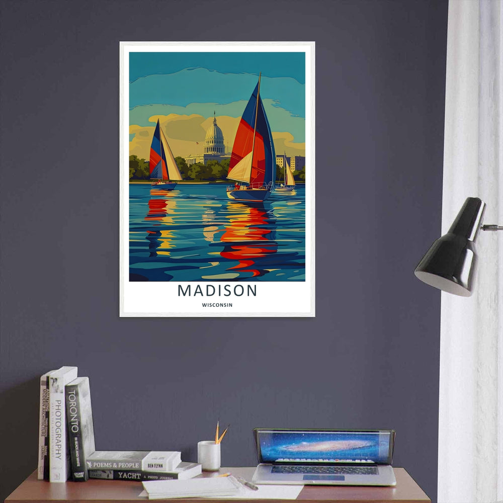 A unique retro vector landscape illustration showing sailboats on Lake Mendota with the Wisconsin State Capitol building in Madison standing proudly in the background under a warm golden afternoon sky.