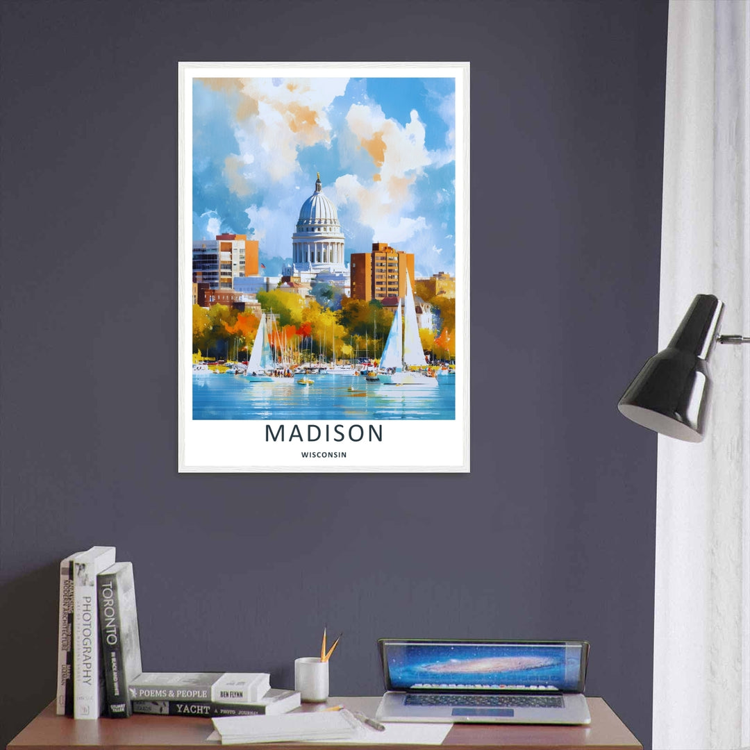 Bright and colorful lakefront decor featuring the majestic urban skyline of Madison Wisconsin surrounded by rich orange and yellow fall foliage, purchasable as a wrapped canvas or a premium white frame.