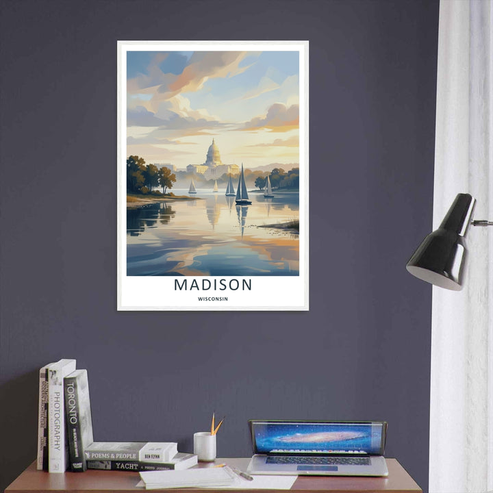 A unique retro style travel illustration of the Wisconsin State Capitol building in Madison seen across a glassy blue lake filled with elegant sailboats casting long reflections during a calm sunrise.