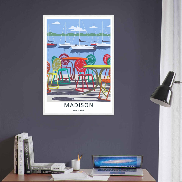 Bright and colorful lakefront decor featuring the legendary metal patio chairs and tables of Madison Wisconsin during a sunny summer afternoon, purchasable as a wrapped canvas or a premium white frame.