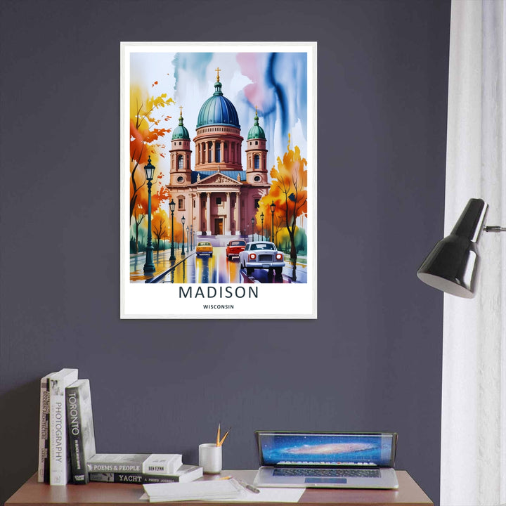 Cozy autumn urban decor featuring a rainy street reflecting the colorful fall trees of Madison Wisconsin, purchasable as a high-quality stretched canvas, an unframed poster, or a clean white frame.