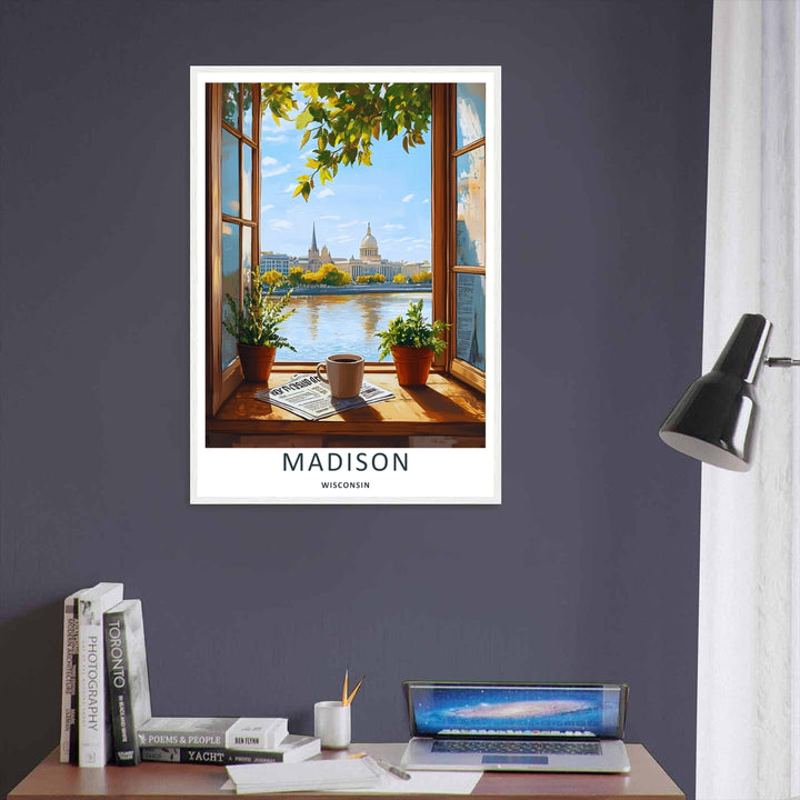 A unique retro vector travel illustration of the Wisconsin State Capitol building in Madison seen from an open window perspective filled with potted green plants on a bright sunny morning.