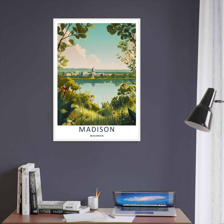 Bright and colorful lakefront decor depicting the city skyline of Madison Wisconsin mirrored perfectly in the calm lake water, purchasable as a high-quality wrapped canvas or premium white frame.