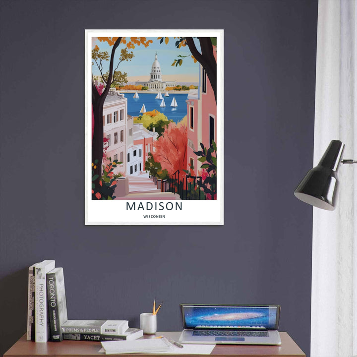 A unique retro vector travel illustration of the Wisconsin State Capitol building in Madison seen from an elevated street perspective framing sailboats on a bright blue lake in autumn.
