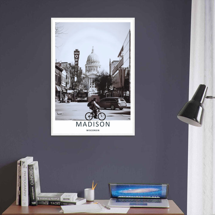 A bold black and white travel poster capturing the historic architecture and vibrant pedestrian street energy of Madison Wisconsin, ready to order as a standalone print or high-quality wrapped canvas.