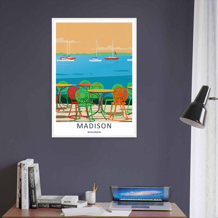 A beautiful Madison Wisconsin Memorial Union Terrace art print showcasing iconic green, orange, and red sunburst chairs along Lake Mendota, available as an unframed poster, canvas, or framed print.