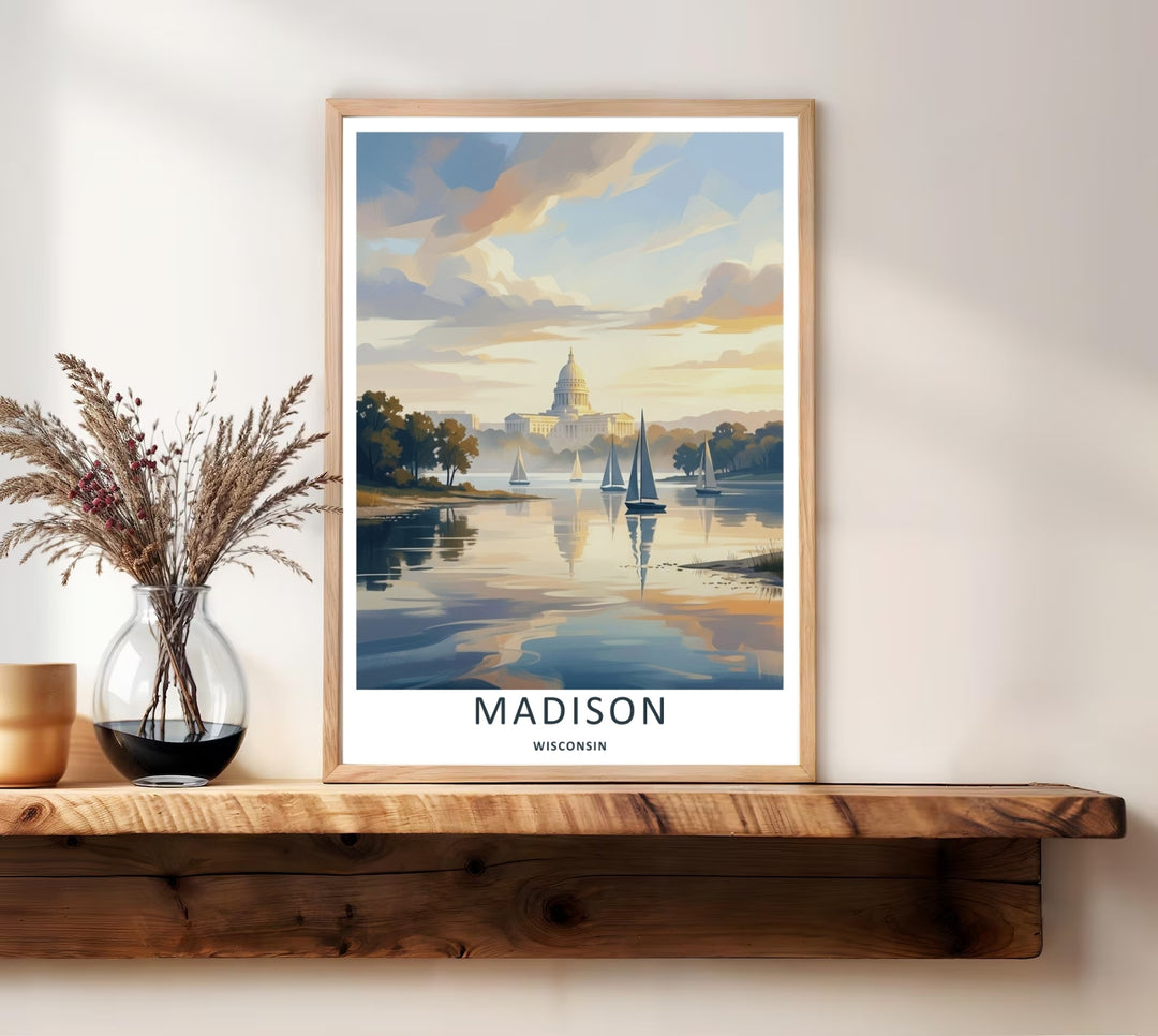 Bright and peaceful lakefront decor featuring the majestic urban skyline of Madison Wisconsin surrounded by misty trees and soft pastel clouds, purchasable as a wrapped canvas or a premium white frame.