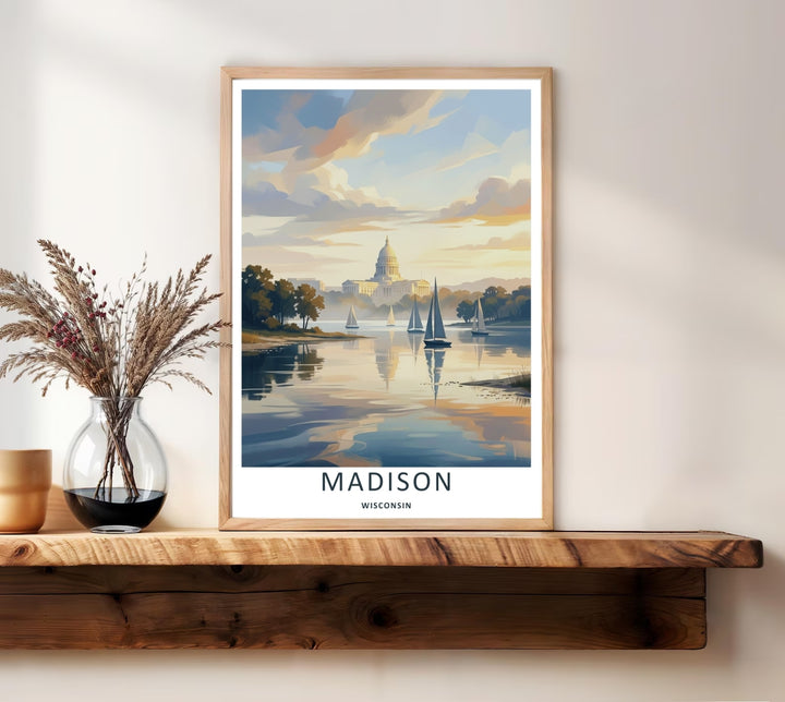 Bright and peaceful lakefront decor featuring the majestic urban skyline of Madison Wisconsin surrounded by misty trees and soft pastel clouds, purchasable as a wrapped canvas or a premium white frame.