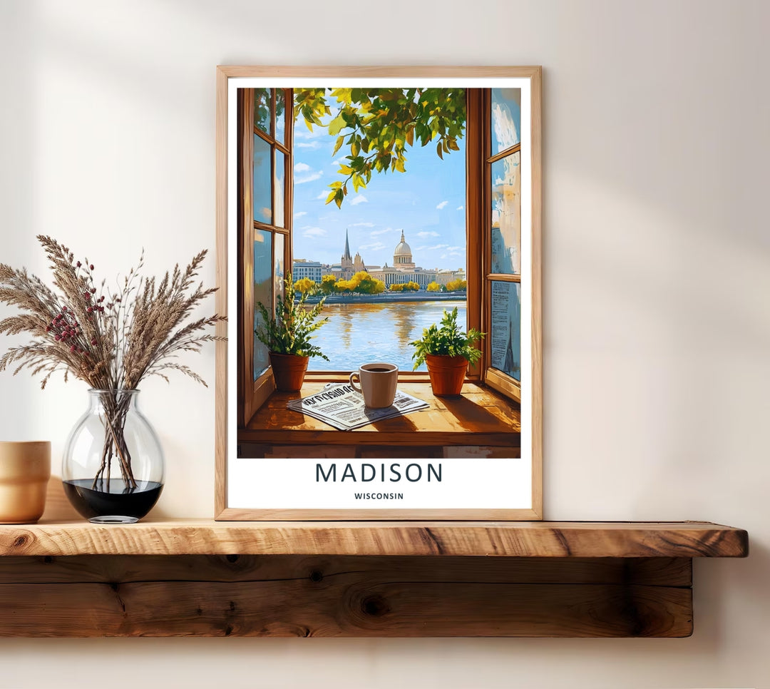 Bright and cozy lakefront decor featuring a morning coffee setting on a wooden sill overlooking the city buildings of Madison Wisconsin, purchasable as a wrapped canvas or premium white frame.