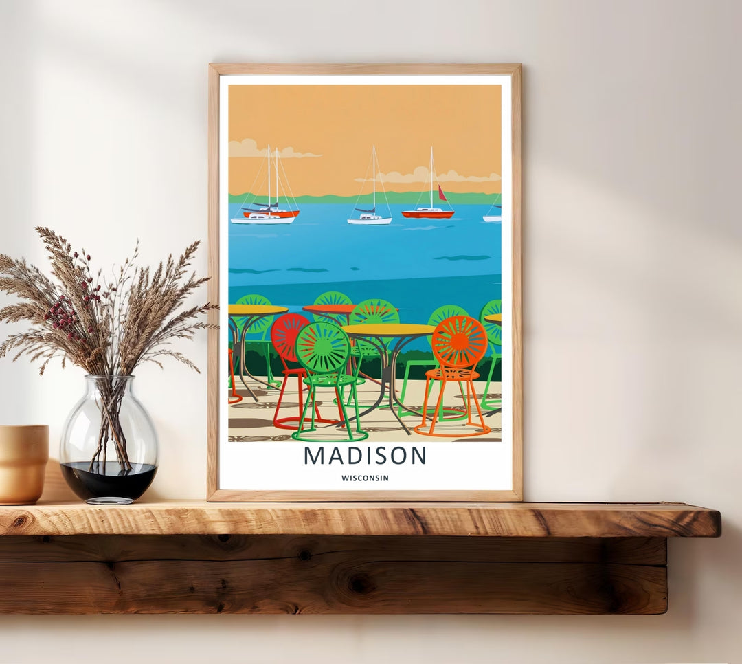 A bold vector graphic travel poster capturing the historic Memorial Union Terrace waterfront in Madison Wisconsin, ready to order as an unframed print, wrapped canvas, or a natural wood frame.