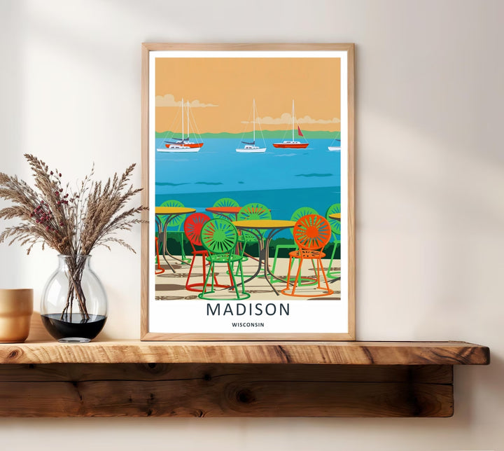 A bold vector graphic travel poster capturing the historic Memorial Union Terrace waterfront in Madison Wisconsin, ready to order as an unframed print, wrapped canvas, or a natural wood frame.